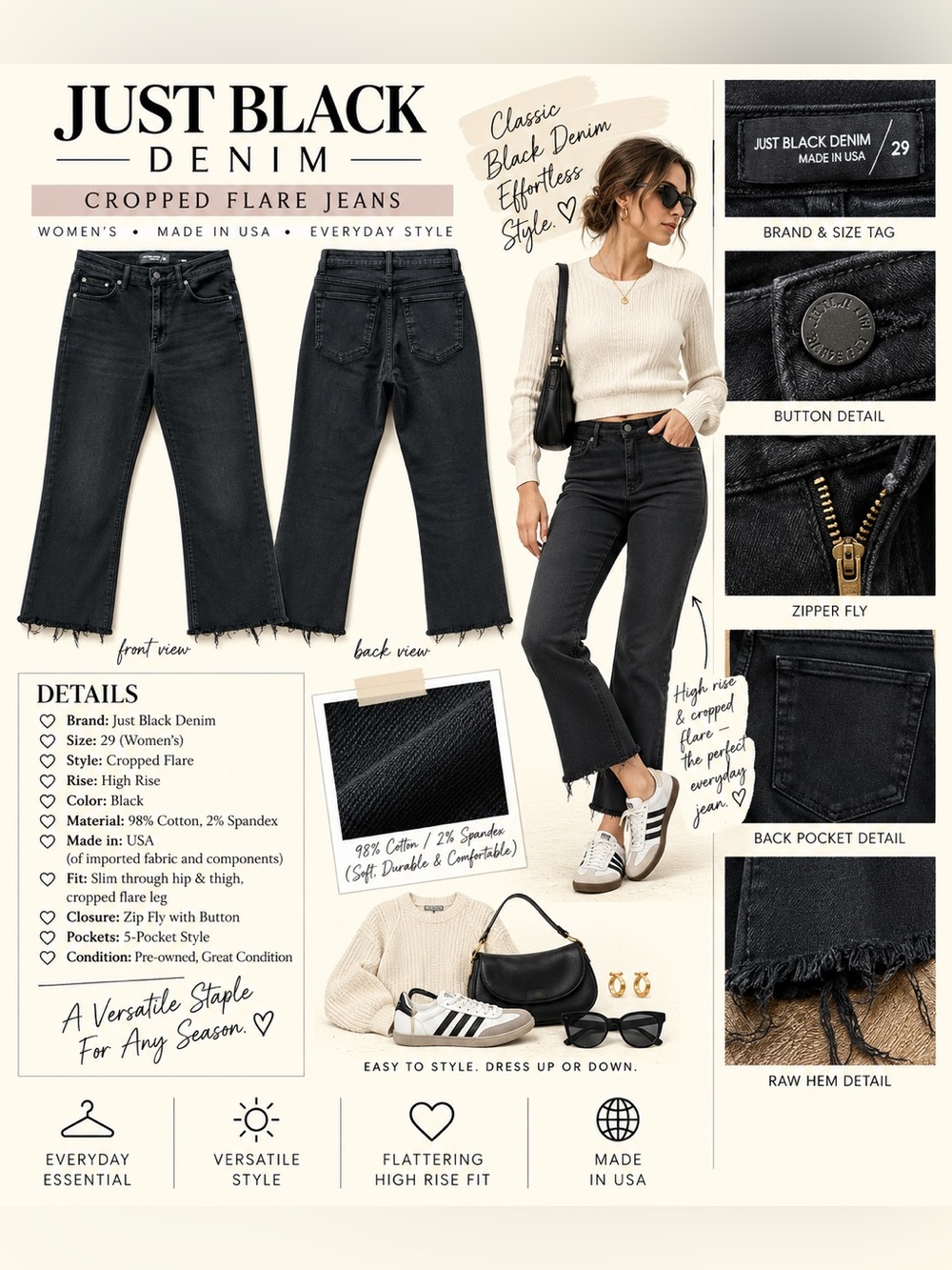 Just Black Cropped Flare Jeans in Black - High Rise